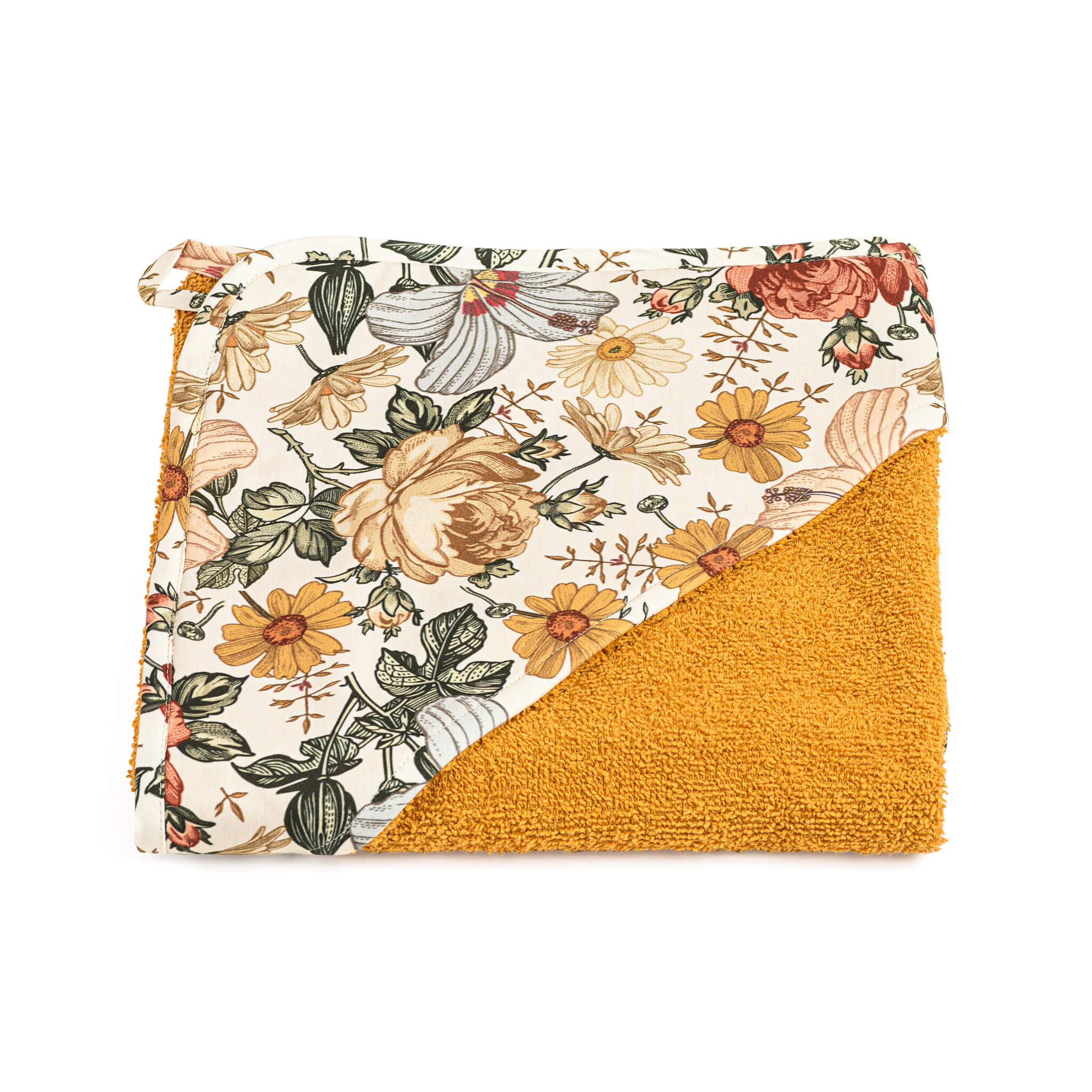 Hooded Towel 75x75 cm - Vintage Flowers - Mustard